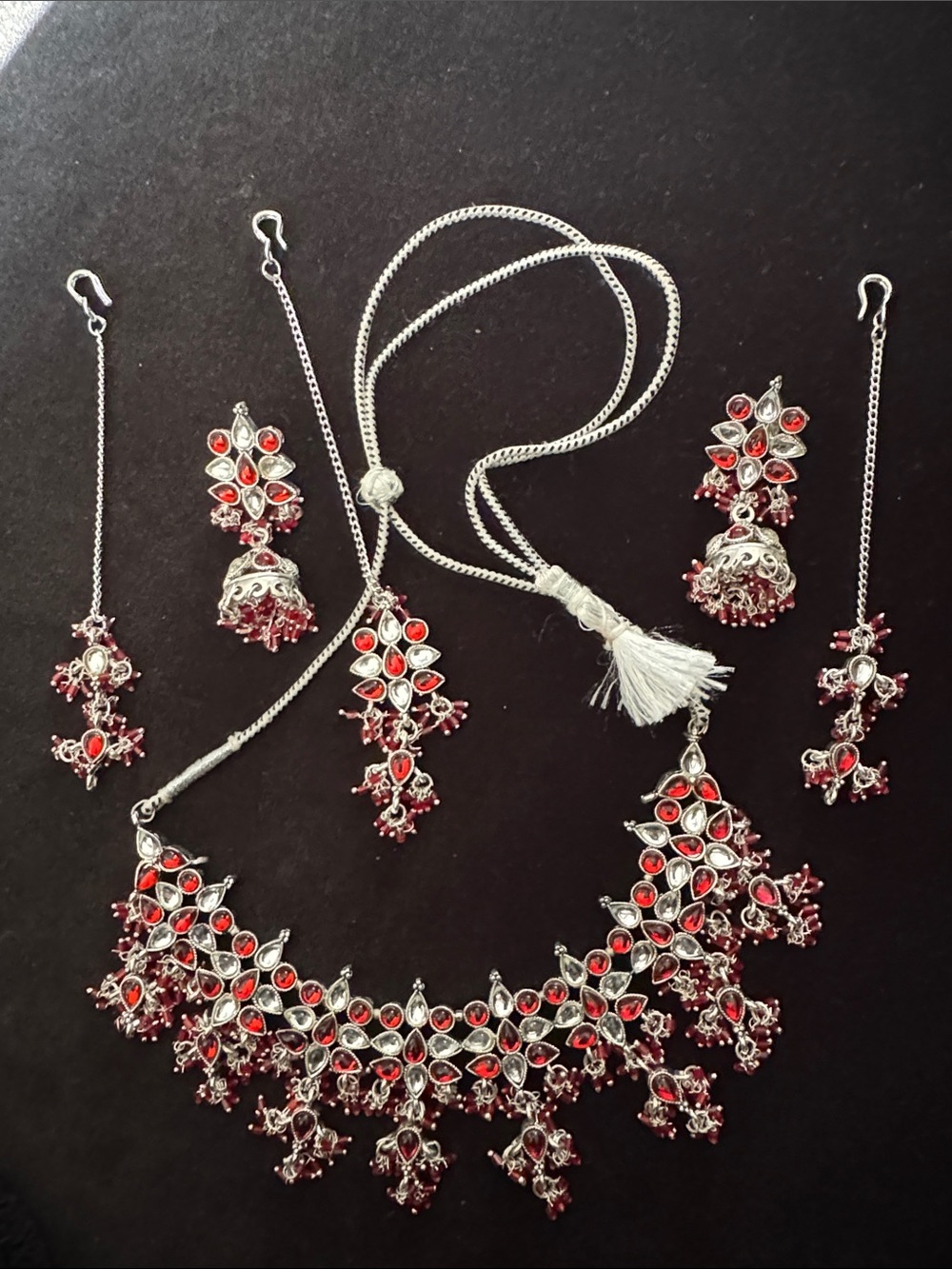 Silver-Tone Red Stone Bridal Indian Necklace Set - Women Jewelry